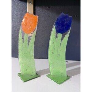 Art Glass Frosted Tulip Flower Shaped Blue & Orange Exposures Made In Italy